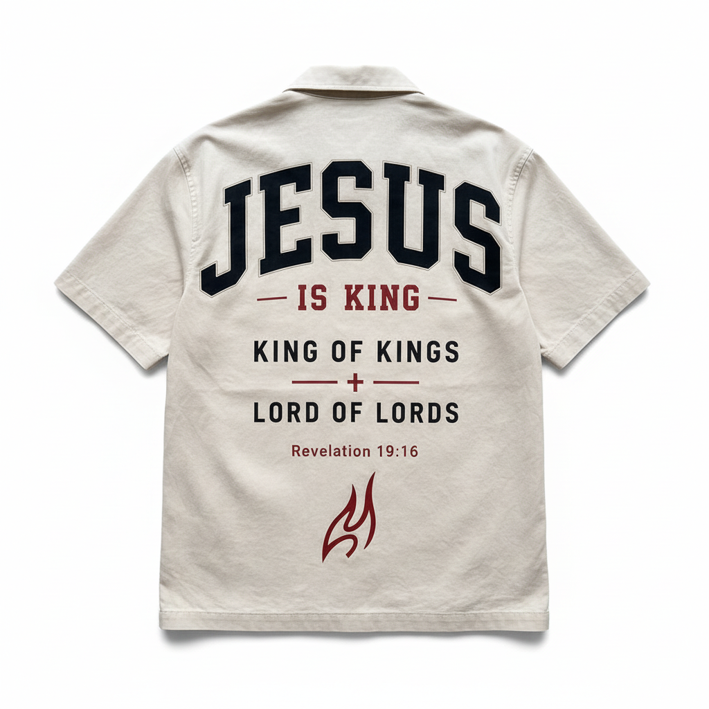 Back of King’s Work premium cream button-up shirt on a clean white background